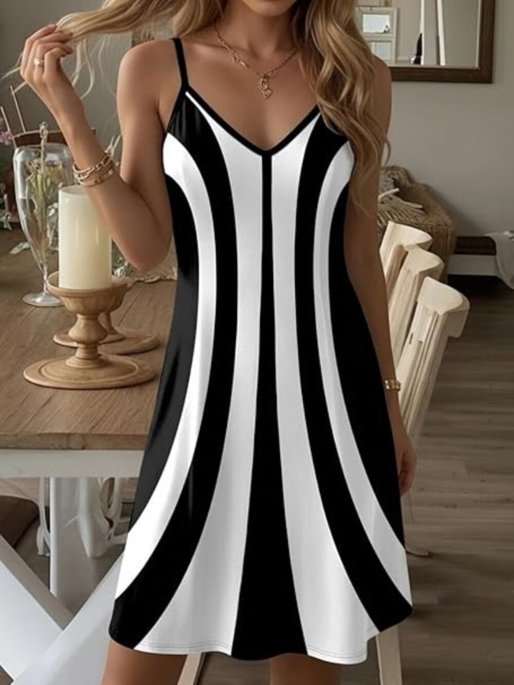 Curved Stripe V Neck Spaghetti Strap Loose Mini Dress